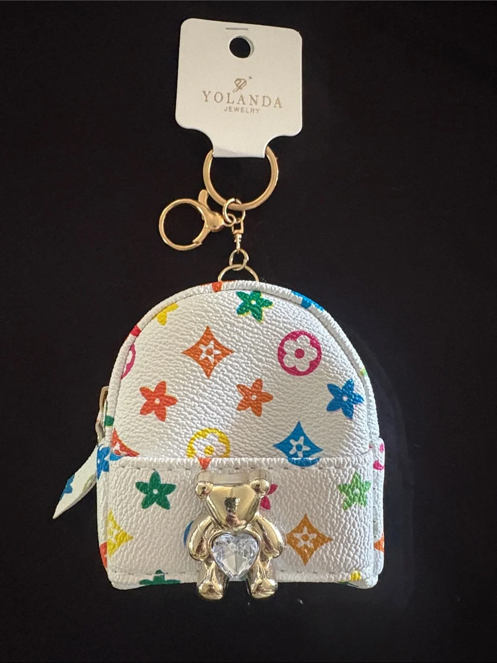 Fashion White Multicolor Mini Backpack Keychain Bag Charm with Gold Bear Accent